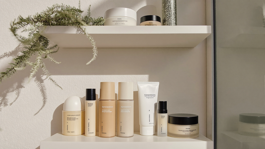 Étagère de salle de bain minimaliste avec soins capillaires aux tons crème, ambiance remise à neuf de la rentrée