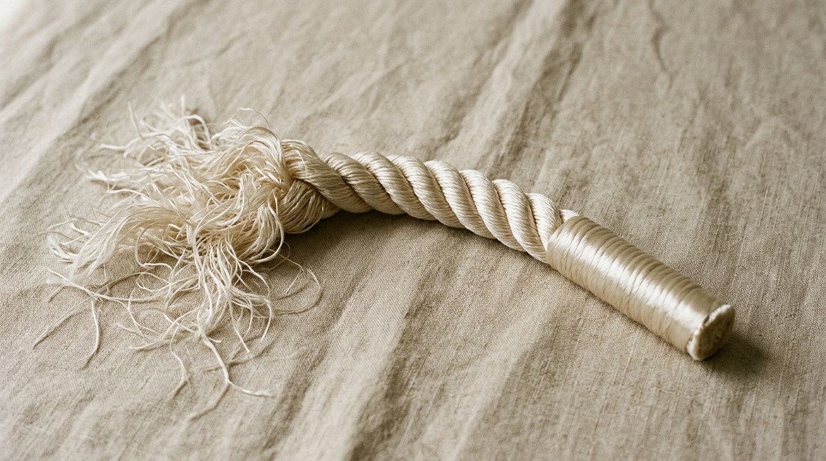 Corde de soie effilochée d'un côté et lisse de l'autre, métaphore des cheveux abîmés et réparés