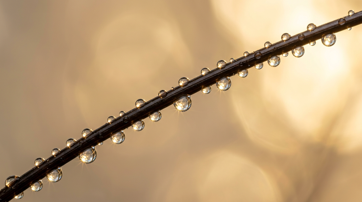 Gouttelettes d'eau en macro sur une fibre capillaire lisse, illustrant l'humidité à l'origine des frisottis