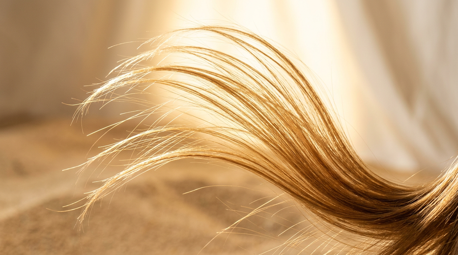 Cheveux fins et légers en mouvement dans une lumière dorée, évoquant volume et légèreté