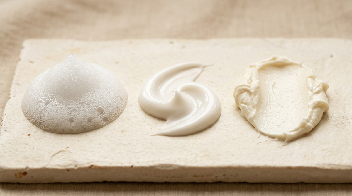 Trois textures cosmétiques côte à côte : mousse légère, crème soyeuse et beurre riche, illustrant shampooing, après-shampooing et masque