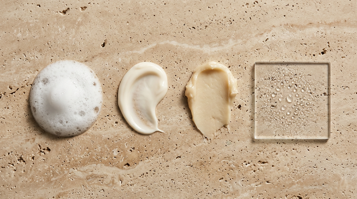 Quatre textures de soins capillaires alignées sur pierre beige, symbolisant les 4 étapes de la routine