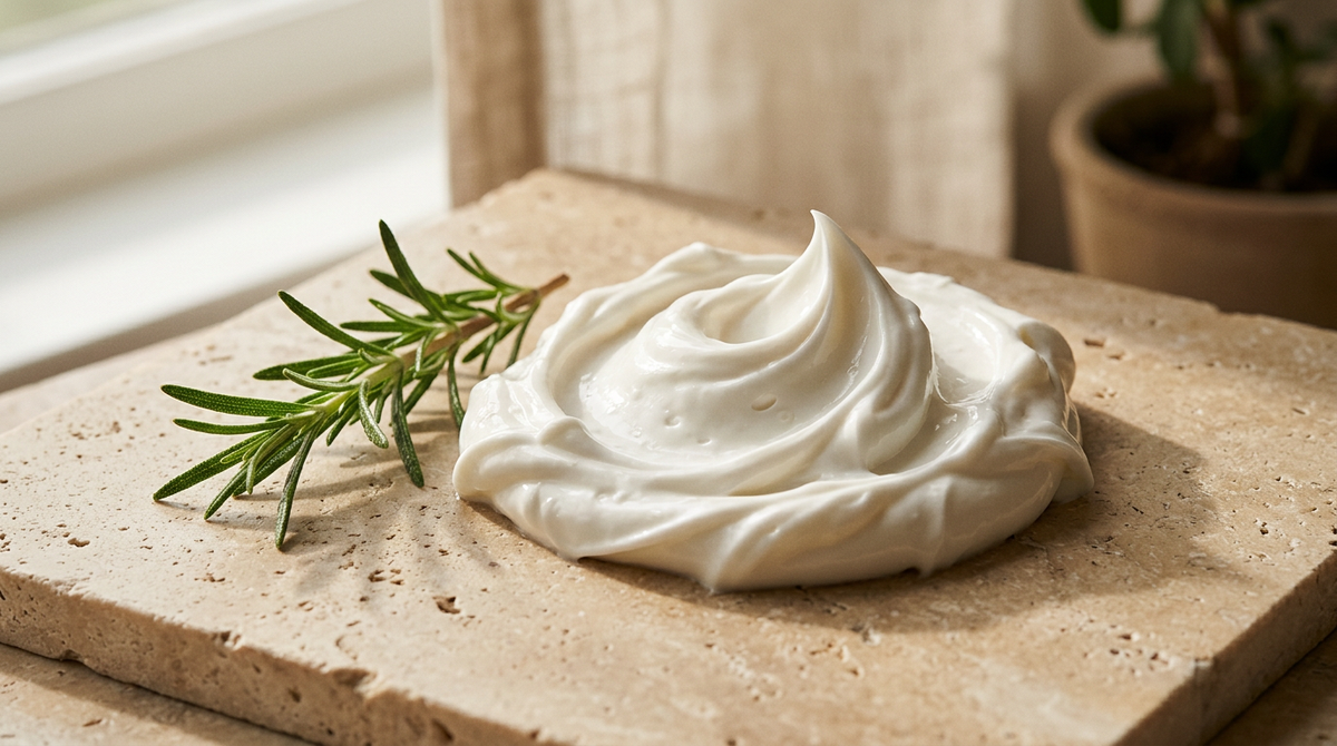 Texture de masque capillaire crémeux avec brin de romarin sur pierre beige, illustration du temps de pose