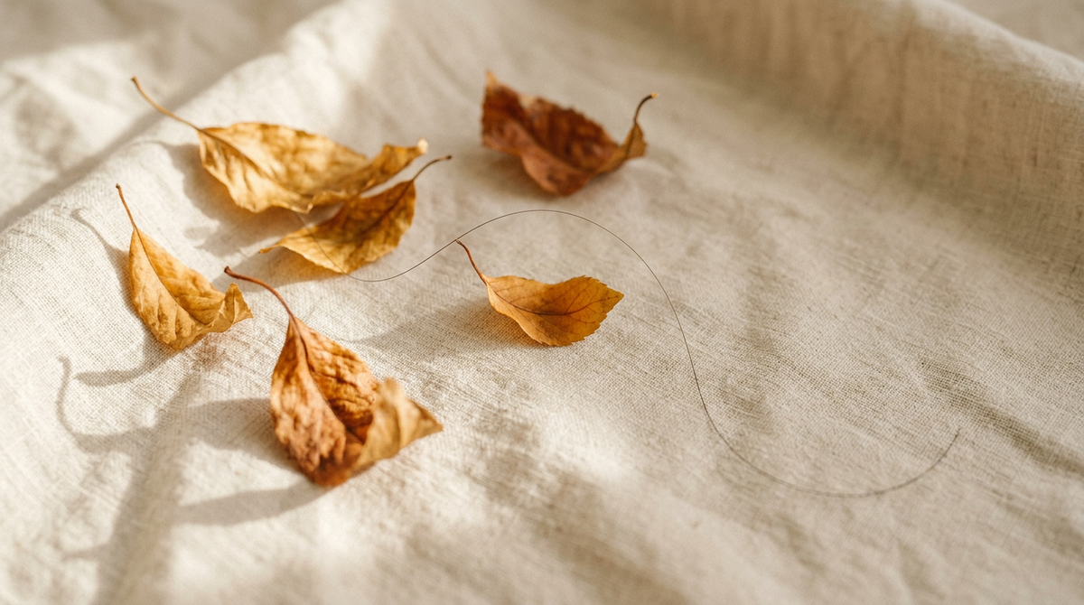 Feuilles d'automne dorées sur lin crème avec un cheveu délicat, illustration de la chute de cheveux saisonnière
