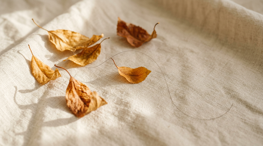 Feuilles d'automne dorées sur lin crème avec un cheveu délicat, illustration de la chute de cheveux saisonnière