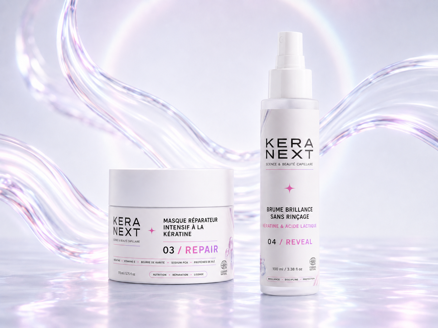Le masque réparateur et la brume brillance KERA NEXT, formules certifiées COSMOS NATURAL.