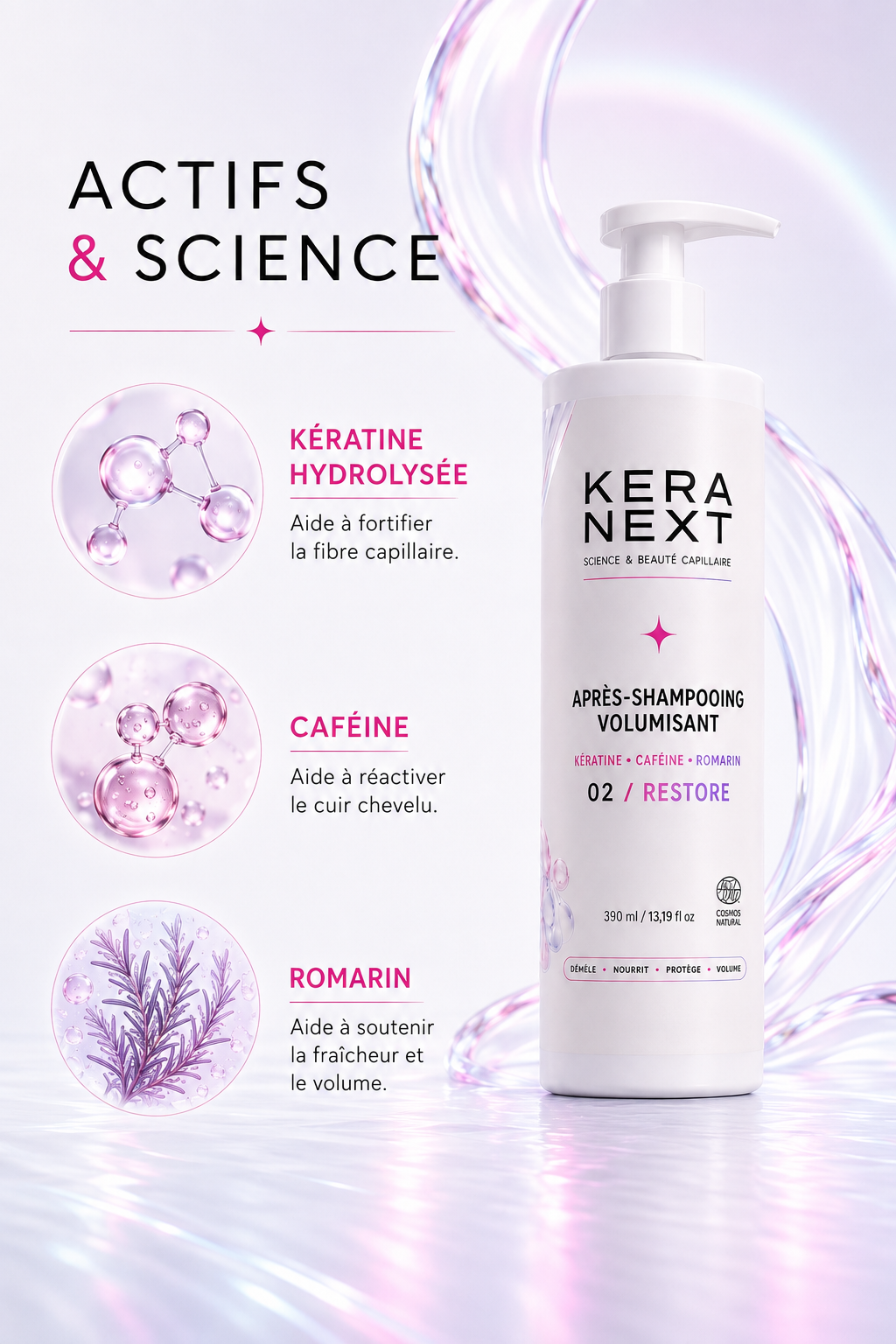 Après-Shampooing Booster de Volume à la Kératine KERA NEXT 02 RESTORE - actifs et science