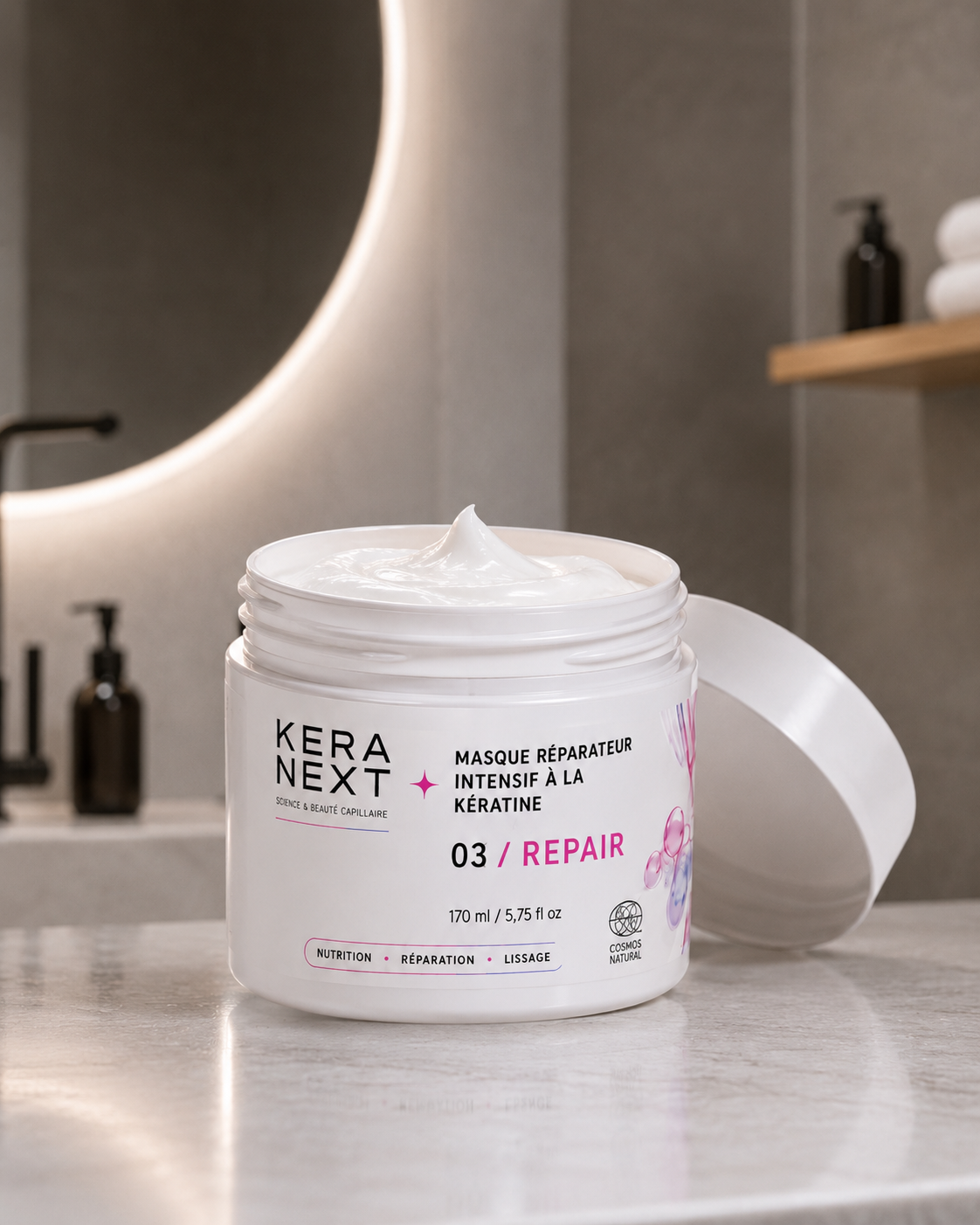 Masque Réparateur Intensif à la Kératine KERA NEXT 03 REPAIR - texture du masque pot ouvert
